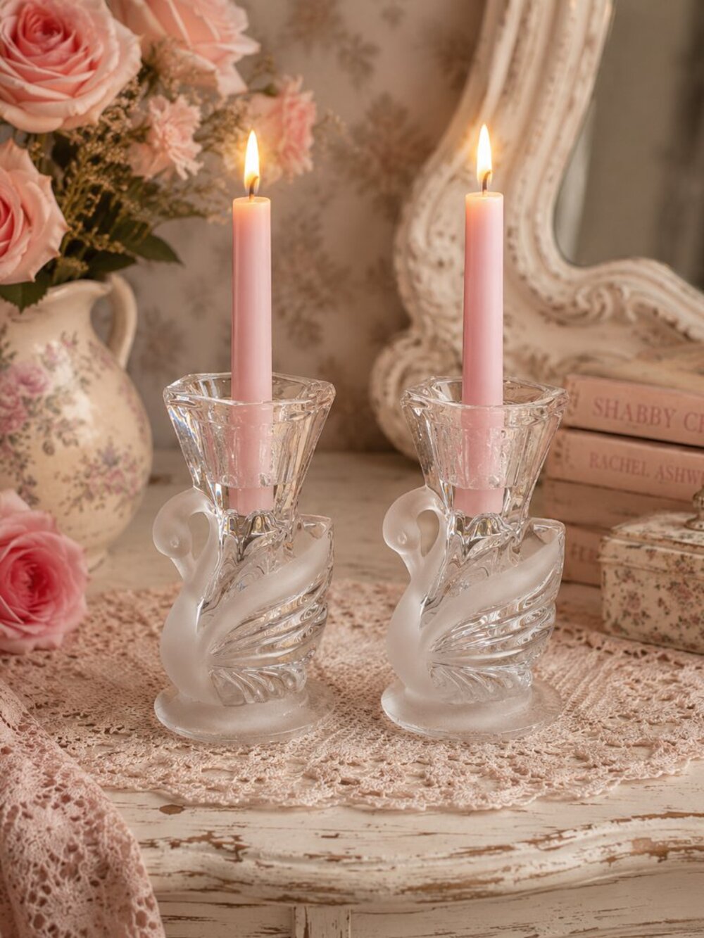 Vintage Crystal Swan Candle Holders Pair 4” – Made in USA – Frosted Glass
